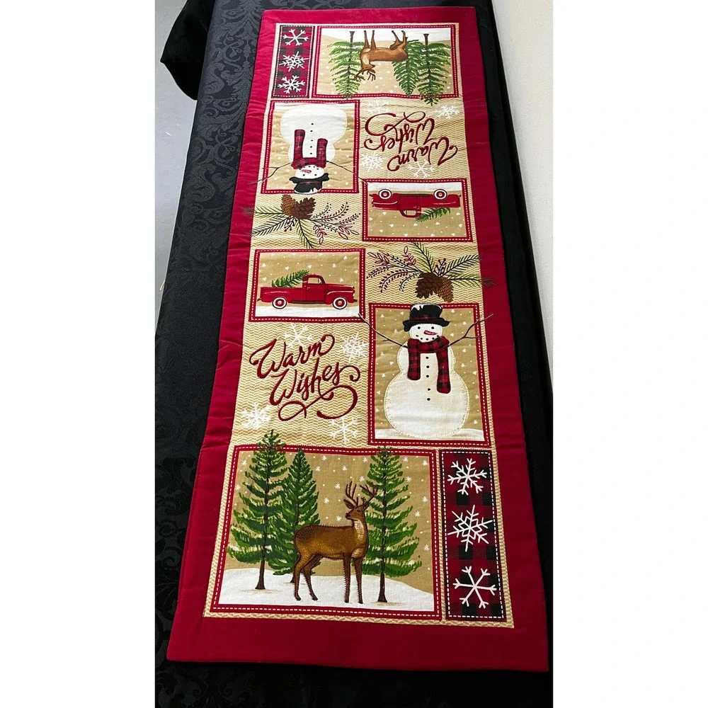 St Nicholas Square Christmas Table Runner Warm Wishes Red Truck Snowman 13x35